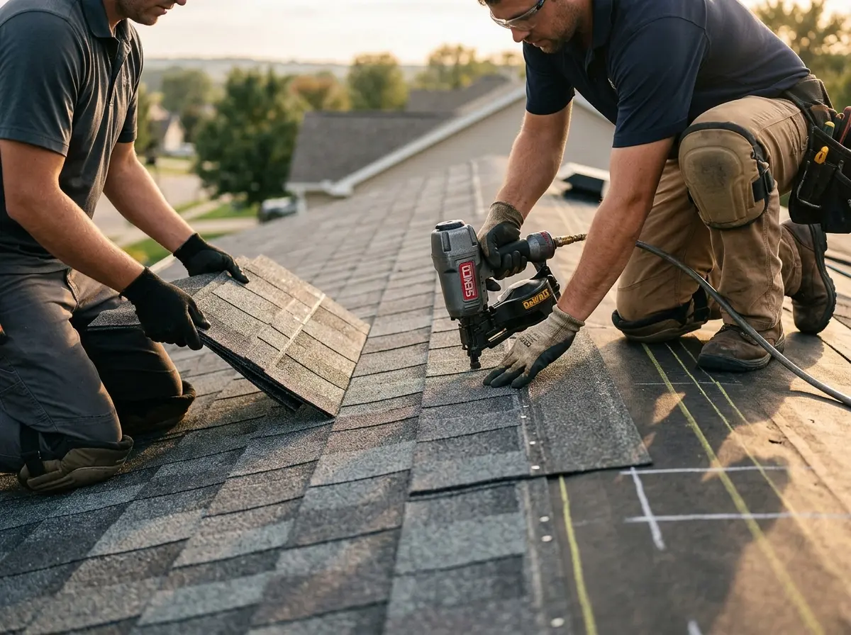 Professional roofer working on a residential roof in East Hills